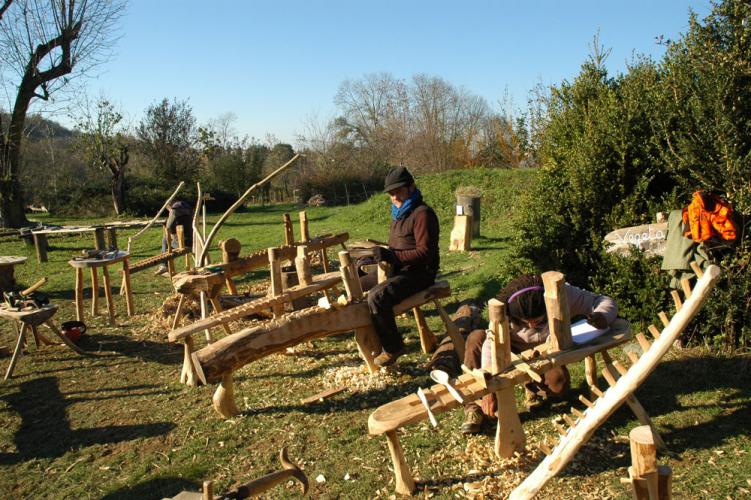 Formation bois adulte au Pays des traces, un banc à planer par élève.